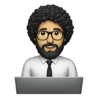 men with black curly hair and beard and golden glasses work hard on computer sticker