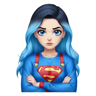 Female-Very tall-very very very large chest-really angry-arms crossed-very long straight flat black to sky blue hair ombre-blue eyes-black eyeliner-long eyelashes-iridescent superman sweatshirt with glitter superman logo-overalls-lip pierced sticker