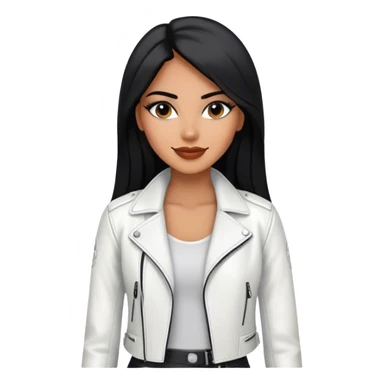 beautiful fit woman, with long straight black hair, with make up, black eye liner, smile mooth close, mexican, brown skin, wearing casual white outfit and leather black jacket, flirting sticker