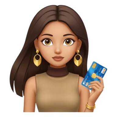 a pretty bratz fair indian girl wearing a beige sleeveless turtleneck, golden earrings, straight ling hair, holding bank cards, dark brown hair sticker