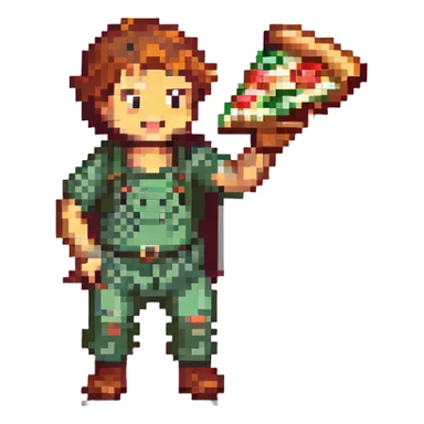 Peppino from Pizza Tower, pixel art style, holding a pizza, dynamic action, no background sticker