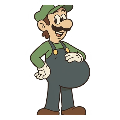 Luigi from Mario, pregnant, smiling, standing, cartoon style sticker