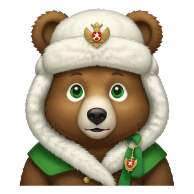 Endearing brown bear with bright green eyes, white fur ushanka hat with detailed Russian Federation emblem prominently displayed on front, iOS emoji style sticker