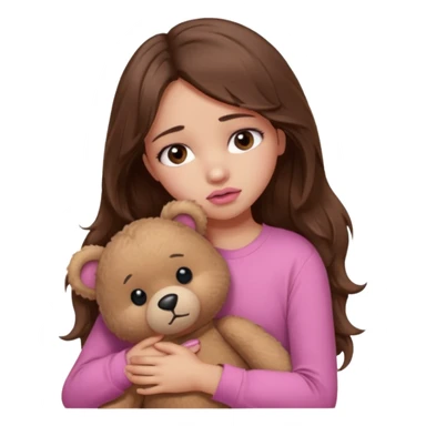 girl with long wavy brown hair, brown eyes, light to medium complexion, in a pink shirt, pink lips, long lashes, sad, hugging squeezing a teddy bear with a broken heart sticker