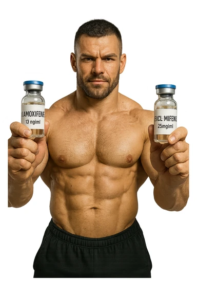 bodybuilder tiene una fiala medica con la scritta "TAMOXIF€NE" NELLA MANO DESTRA E UNA FIALA CON LA SCRITTA €NCL*MIFENE" NELLA MANO SINISTRA sticker