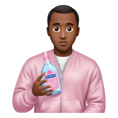 A realistic product shot of a transparent bottle of Johnson’s Baby Oil by Johnson & Johnson, featuring a soft pink label. The oil inside is crystal clear and glossy. Sean "Diddy" Combs is holding the bottle sticker