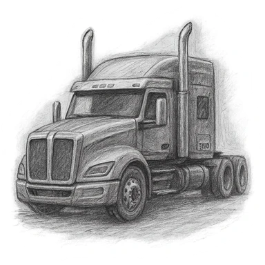 Render the 2026 Kenworth T680 Flattop truck in a pencil sketch style, with soft graphite shading, hand drawn texture, black with chrome stacks, transparent background. sticker