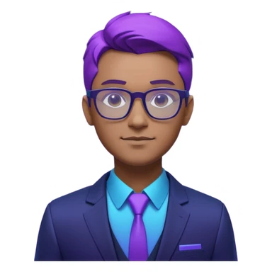 A stylized 3D avatar of a visionary tech CEO, male, wearing glasses and a sleek dark blazer. He has a confident, friendly expression. The lighting is a dramatic gradient of purple and electric blue neon. Rim lighting on the edges of the character. Dark background, cyberpunk minimalist aesthetic. sticker