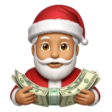 A confident rich emoji face wearing a Santa hat, money stacks, casino vibe, New Year theme, premium 3D emoji style, sharp details, no t sticker