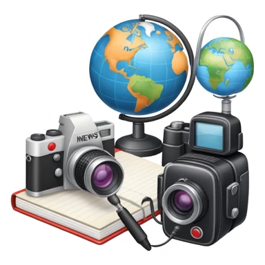 An icon showing a microphone, a notepad, and a camera, symbolizing journalism. The design includes a globe in the background, representing global news, and a breaking news banner for emphasis. Transparent background highlights the dynamic world of media and reporting. sticker