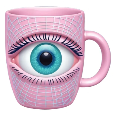 Neural network grid forming an eye with product-reflecting iris (e.g., coffee mug), soft pink (#FFB6C1) and mint (#98FF98) nodes on night blue (#000B1D) background sticker