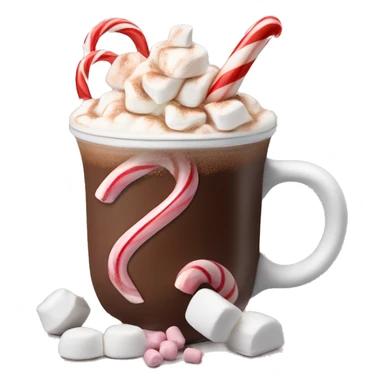 A hot chocolate with a candy cane and some marshmallows with some whipped cream sticker