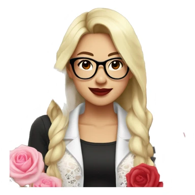 Asian girl, smiling with teeth and dimples on the cheeks, fair skin, black long hair, black eyes, black glasses with gold frames, red lipstick, wearing a white lace tank top and a black office jacket on top, with pink and red roses around her. sticker
