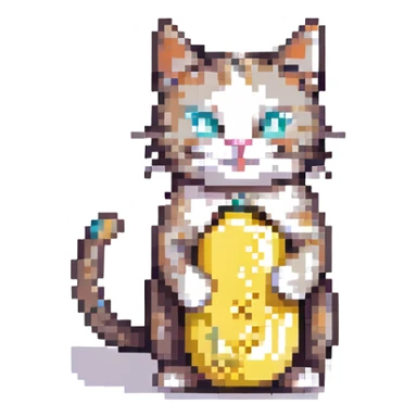 goofy cat with a banana body, pixel art style sticker
