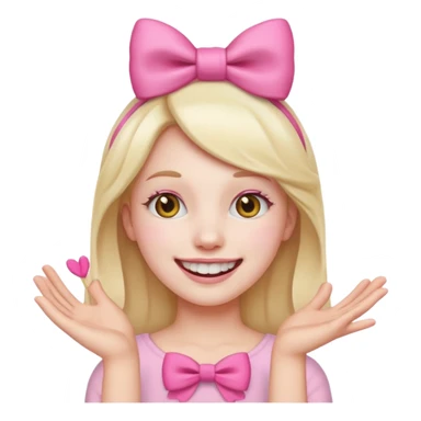 smiling emoji with a pink bow on head and hand placed on the teeth sticker