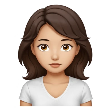iOS style emoji. A girl with very long dark brown wavy hair. And the eyes color is dark brown. And she is wearing white t shirt with V kneck. And she is 30. She is Asian with double eyelids  sticker