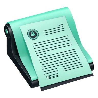 Commande Publique (Public Procurement), 3D techy icon with black and mint green (#B5F4D3) color scheme, contract document with official stamp sticker