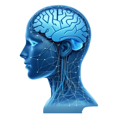 A futuristic and sleek AI-themed emoji. A glowing blue human head silhouette with a transparent effect, filled with interconnected circuit lines and neural nodes, symbolizing artificial intelligence. The head has a smooth, minimalistic design with a subtle glow around it. One side of the head blends into a digital pixelated pattern, showing the transition between human and machine intelligence. A small floating holographic brain or chip icon hovers near the head, reinforcing the AI theme. The background is dark or gradient blue to enhance the high-tech feel sticker