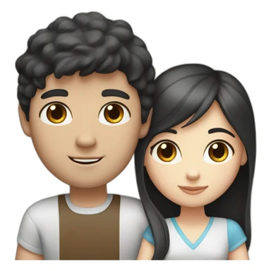 a dark-haired white man with brown eyes and a girl with light brown hair and blue eyes are holding hands and black and white cat and gray sticker