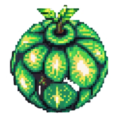 Green digital bomb animation frame 3, round bomb body with green highlights, very short leaf-shaped fuse at top, brighter green glow, nature-inspired design, pixel art style sticker