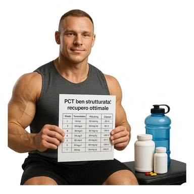 hyper realistic muscular healthy bodybuilder with serene and determined expression, in gym wearing sportswear, holding a detailed PCT (Post Cycle Therapy) chart with visible drugs and dosages, supplements and water next to him, positive recovery atmosphere, Italian caption: “PCT ben strutturata: recupero ottimale”, isolated on white background sticker