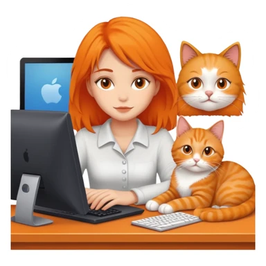 A girl is working in front of a computer, and a cat is lying next to the computer sticker
