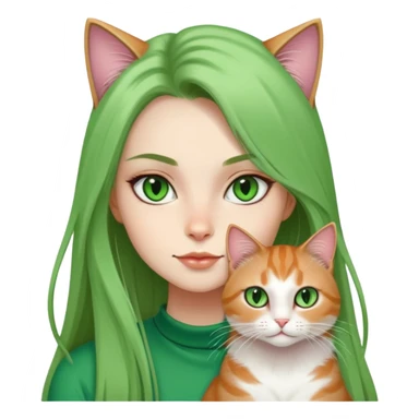 a cool girl with a long hair cat, cat’s eyes are green sticker