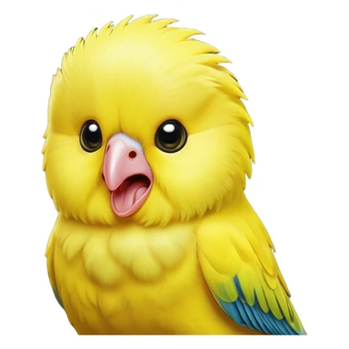 Cinematic Comical Yellow Budgie Portrait Emoji, Head tilted dramatically with an exaggeratedly amused expression, featuring a striking yellow feathered fur with a glossy finish, wide, expressive dark eyes filled with playful disbelief, Simplified yet hilariously expressive features, highly detailed, glowing with a slightly sassy glow, high shine, dramatic yet playful, stylized with an air of cheeky mischief, bright and endearing, soft glowing outline, capturing the essence of a spirited and over-the-top budgie, so meme-worthy it feels like it could side-eye its way into internet fame instantly! sticker