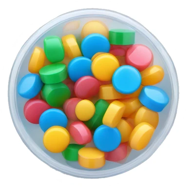 Small translucent circular plastic container with colorful pills inside sticker