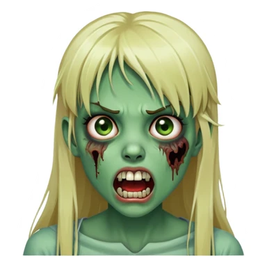 Zombie girl with green skin, visible bruises on face, mouth open showing teeth, long blonde hair with straight bangs sticker