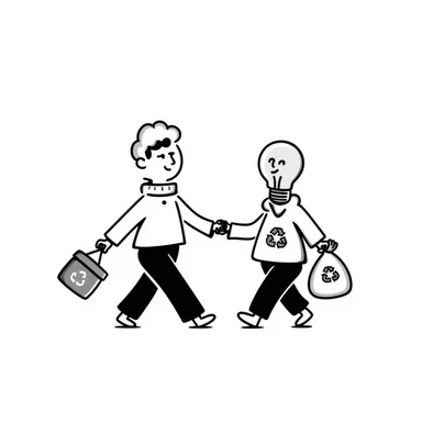 a lightbulb and a battery holding hands, each with a recycling bag, walking to recycle sticker