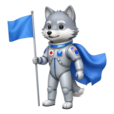 a wolf in space suit, holding blue rectangle flag, full body sticker