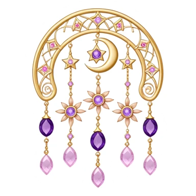 Epic Hanging gold suncatcher, threads with shiny sparkly amethyst and rose-quartz gemstones, flowers, moons, stars, sticker