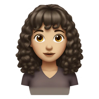 A girl with long dark brown curly hair with white skin tone and brown eyes and full bangs sticker