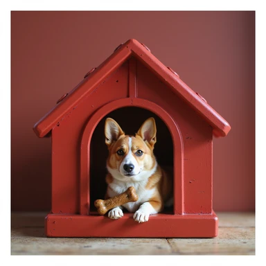 realistic red dog house with a Corgi dog inside, Corgi with a bone, photorealistic style sticker