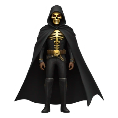 Bounty Hunter Boss with black cape and a gold skull jaw mask from death Stranding, full body view sticker
