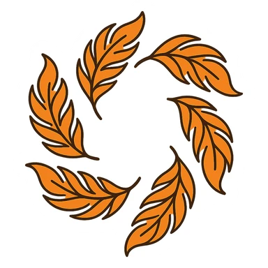 Create a minimalist version of six fiery phoenix feathers arranged in a circular pattern with clean lines, simple shapes, and a limited color palette. Use a white or transparent background. sticker