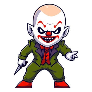 evil clown warrior, bald, small black satan-like horns on forehead, fangs, pointed ears, black and military green leisure suit with bellbottom pants, realistically proportioned, less bulky, full body, battle-ready fighting posture sticker