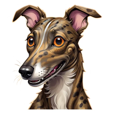 Cinematic Comical Brindle Greyhound Portrait Emoji, Head tilted dramatically with an exaggeratedly amused expression, featuring a striking brindle Fur with bold patterns, wide, expressive eyes filled with playful disbelief, Simplified yet hilariously expressive features, highly detailed, glowing with a slightly sassy glow, high shine, dramatic yet playful, stylized with an air of cheeky mischief, bright and endearing, soft glowing outline, capturing the essence of a spirited and over-the-top racer, so meme-worthy it feels like it could side-eye its way into internet fame instantly! sticker