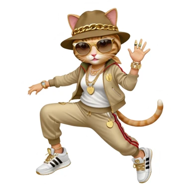 female cat jumping, Run DMC hip-hop outfit, tracksuit, fedora, Adidas sneakers, dark sunglasses, many gold chains, bling accessories rings bracelets earrings sticker