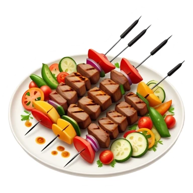 Cinematic Realistic Shish Kebab Dish Emoji, showcasing skewered, grilled meat with vibrant vegetables rendered with dynamic textures and warm, inviting lighting. sticker