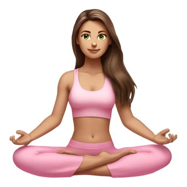 Brunette long hair and green eyes yoga beautiful girl in light pink pink pink clothes sitting on a yoga mat sticker
