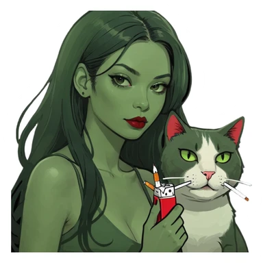 long black hair girl with dark red lipstick posing with a cat and cigarette in her hands sticker