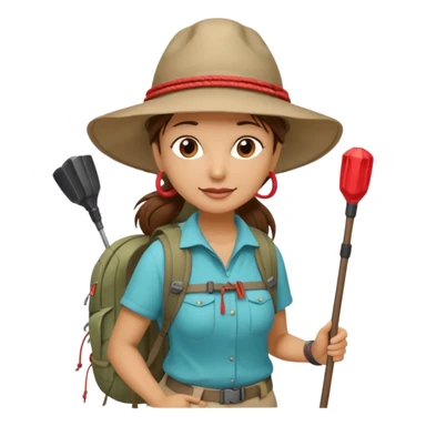 Middle aged women, long brown ponytail with wide brim hiking hat. With backpack and trekking poles. Backpack has a scallop shell with the cross of saint james hanging from it.  Remove the cross and add a scallop shell on a red string hanging from the backpack  sticker