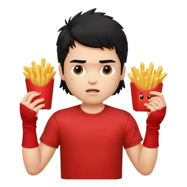 generate a pretty fair bratz boy with a messy mullet (black hair), wearing a red tshirt. eating fries, big biceps sticker