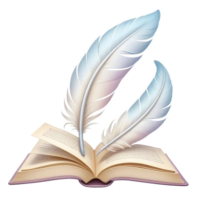Create a delicate and poetic emoji representing poetry. The design should feature several elegantly flying pages with short poetic columns written on them. The pages should appear light and flowing, almost as if being carried by the wind. Include a white feather gently resting on the pages, symbolizing creativity and inspiration. Use soft, pastel tones to give it a dreamy, artistic feel. The design should feel ethereal and whimsical, capturing the essence of poetry. Make the background transparent. sticker