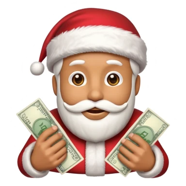 A confident rich emoji face wearing a Santa hat, money stacks, casino vibe, New Year theme, premium 3D emoji style, sharp details, no text, isolated on transparent background sticker