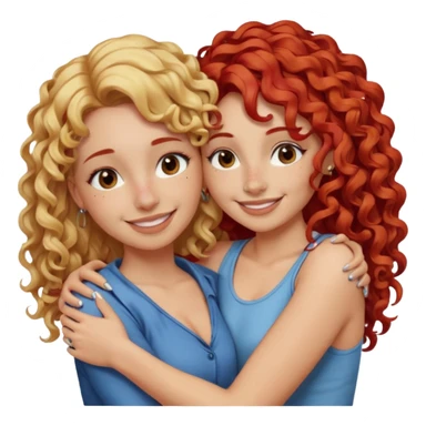 A woman with pencil straight, blonde hair and a nose piercing and a woman with curly red hair and a nose piercing are hugging and smiling together. sticker