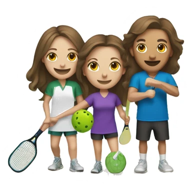 4 Caucasian people playing pickleball with 1 tall bald male, 1 shorter brown hair male, 1 girl with long brown hair, 1 girl  with brown hair sticker