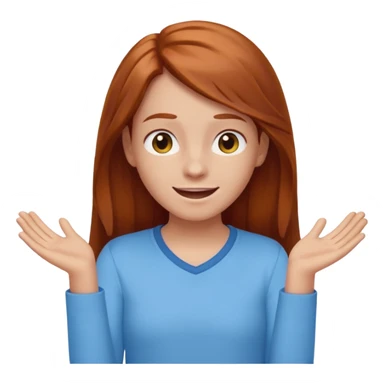 shrugging happy emoji tween long auburn hair light blue shirt with a darker blue L sticker